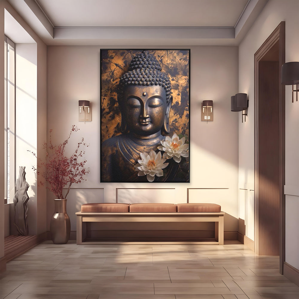 Tablou canvas cu tablou canvas cu buddha si flori de lotus, in rama de aluminiu negru