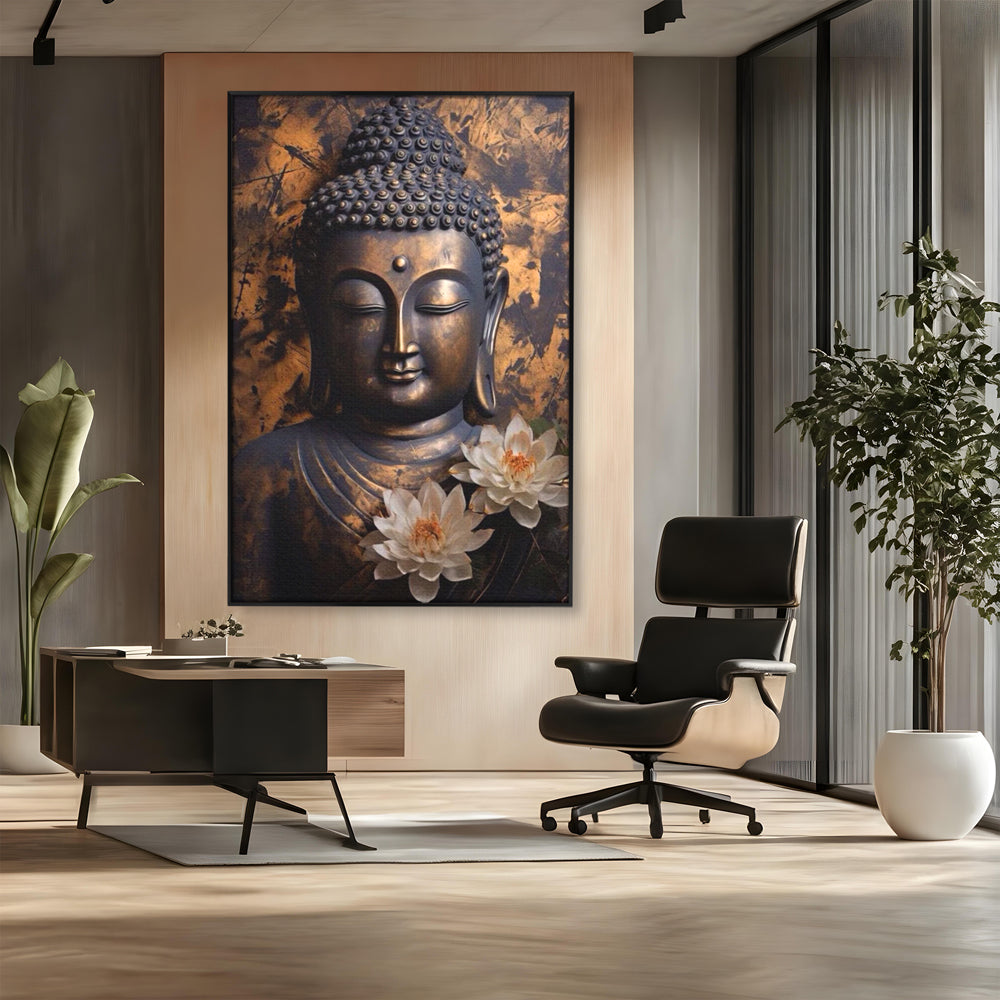Tablou canvas cu tablou canvas cu buddha si flori de lotus, in rama de aluminiu negru, pe perete intr-un birou