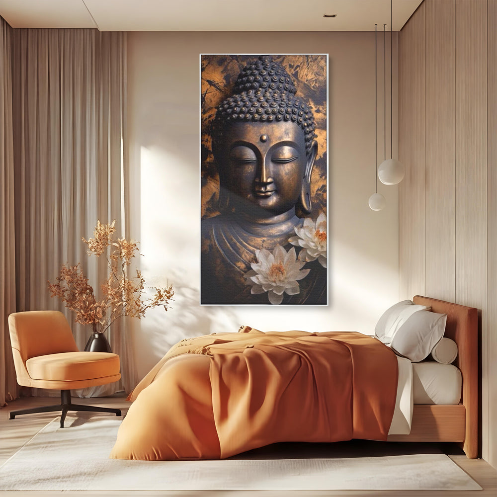Tablou canvas cu tablou canvas cu buddha si flori de lotus, in rama de aluminiu argintiu, pe perete intr-un dormitor