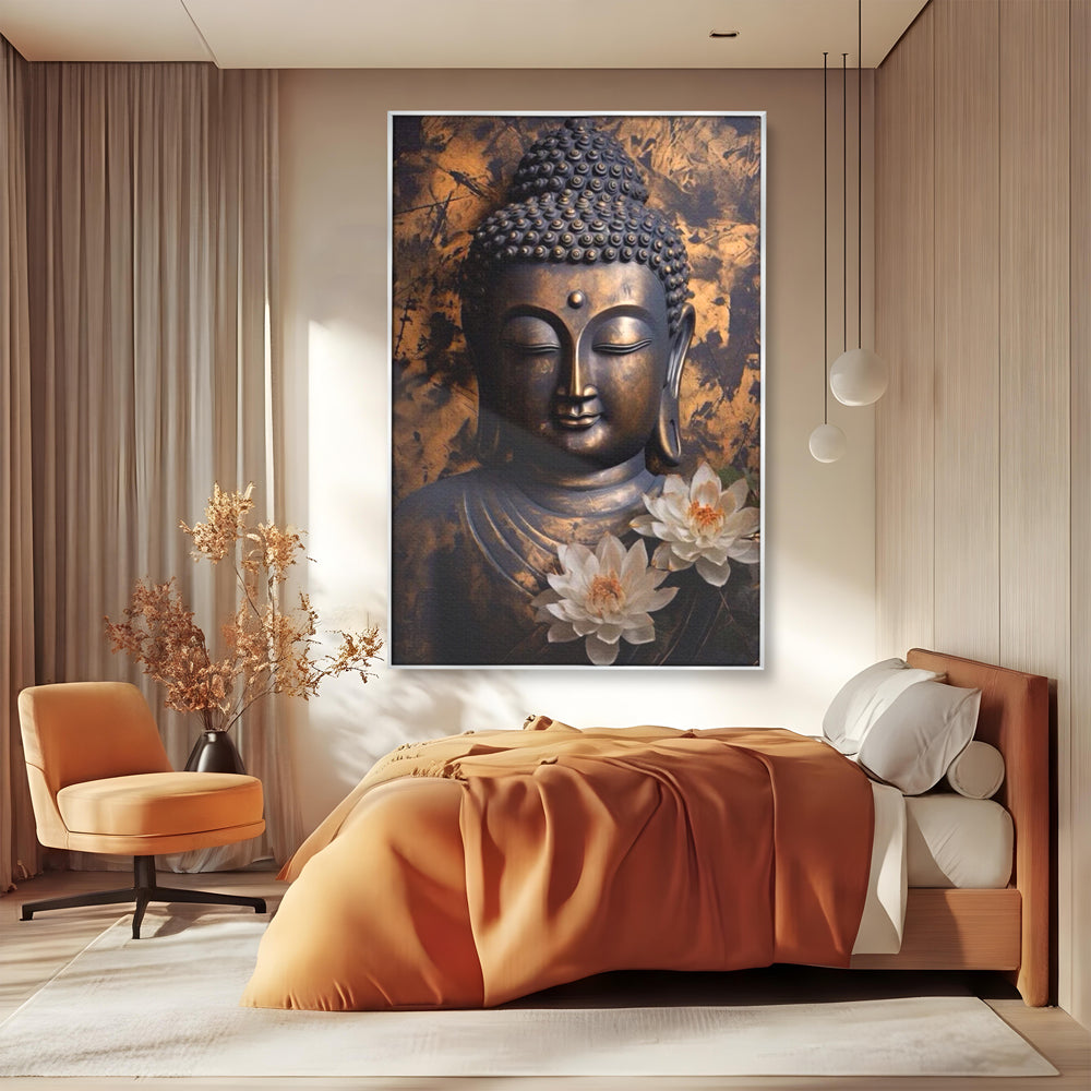 Tablou canvas cu tablou canvas cu buddha si flori de lotus, in rama de aluminiu argintiu, pe perete intr-un dormitor