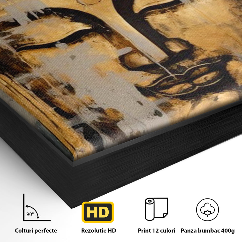 Detaliu al suprafetei: tablou canvas cu chipul lui buddha, in rama de aluminiu negru