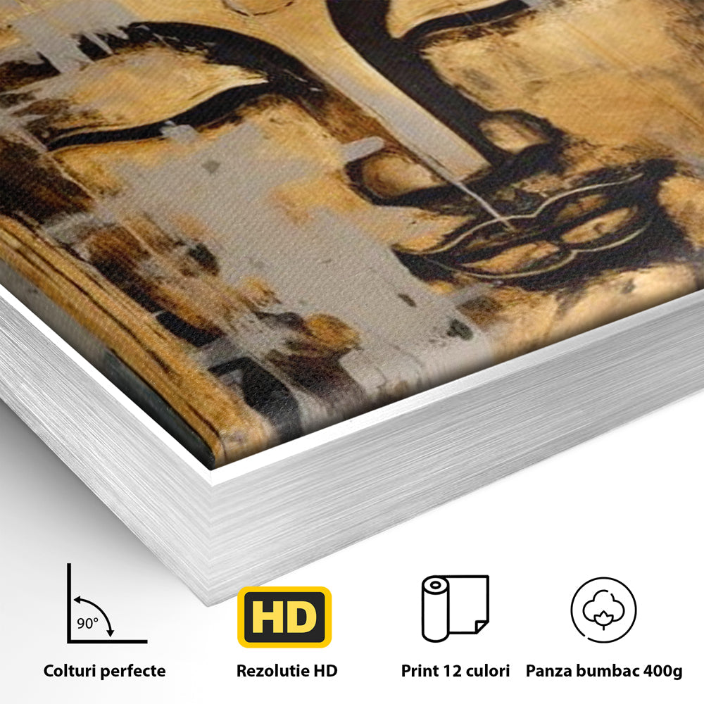 Detaliu al suprafetei: tablou canvas cu chipul lui buddha, in rama de aluminiu argintiu