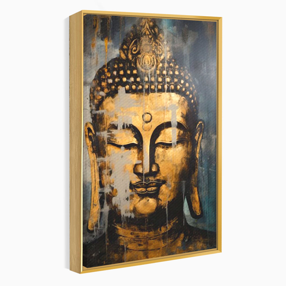 Tablou canvas cu tablou canvas cu chipul lui buddha, in rama de aluminiu auriu