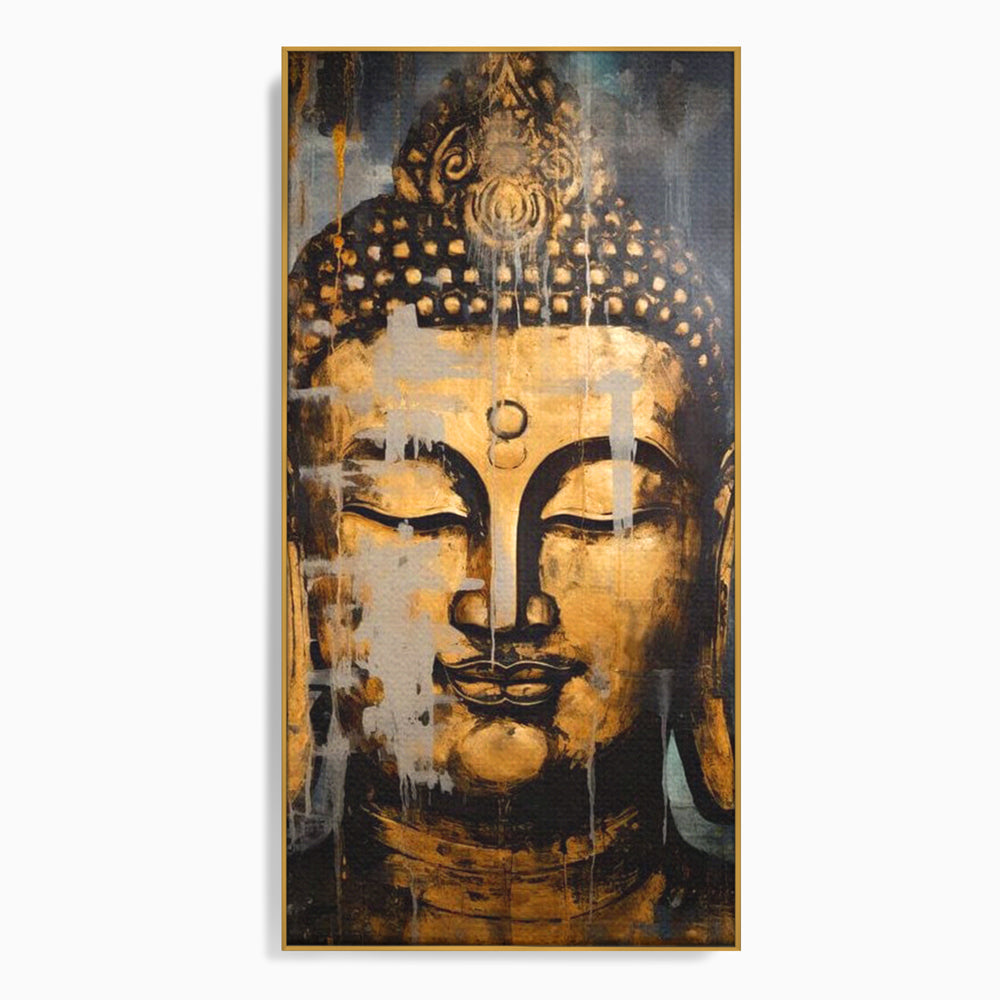 Tablou canvas cu tablou canvas cu chipul lui buddha, in rama de aluminiu auriu