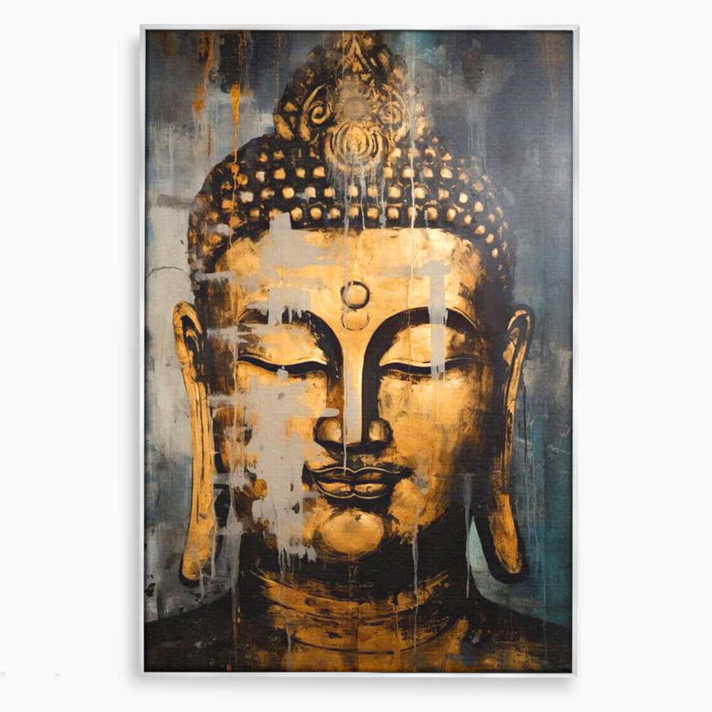 Tablou canvas cu tablou canvas cu chipul lui buddha, in rama de aluminiu argintiu