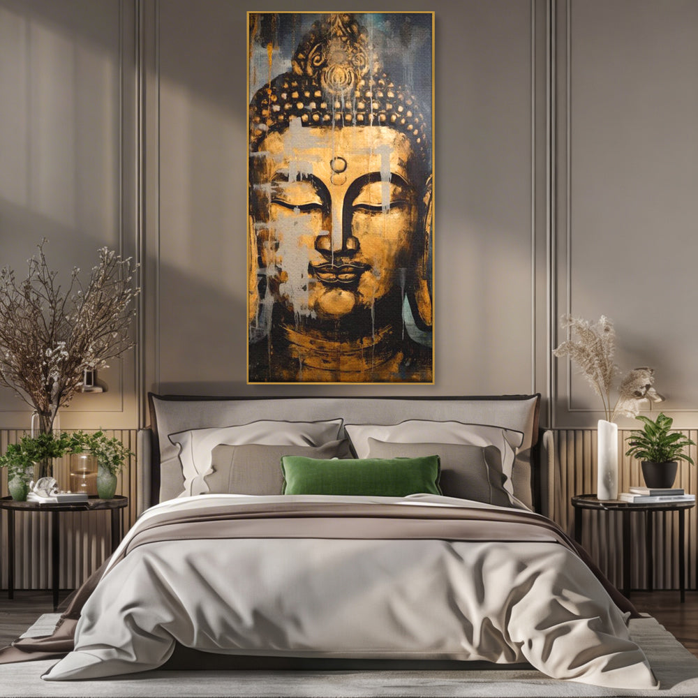 Tablou canvas cu tablou canvas cu chipul lui buddha, in rama de aluminiu auriu, pe perete intr-un dormitor