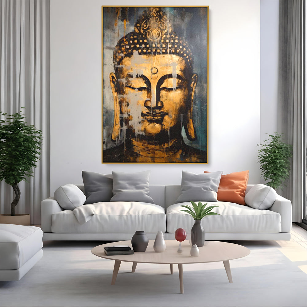 Tablou canvas cu tablou canvas cu chipul lui buddha, in rama de aluminiu auriu, pe perete intr-un living