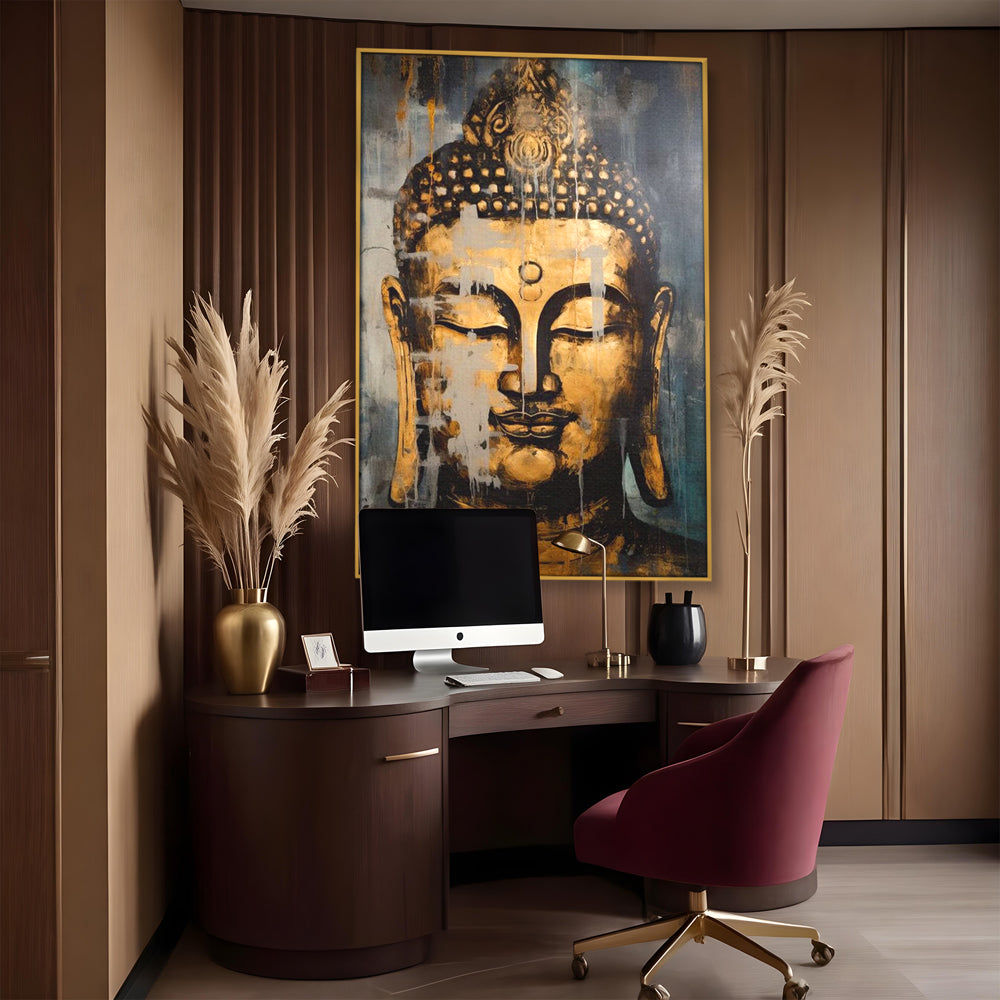 Tablou canvas cu tablou canvas cu chipul lui buddha, in rama de aluminiu auriu, pe perete intr-un birou