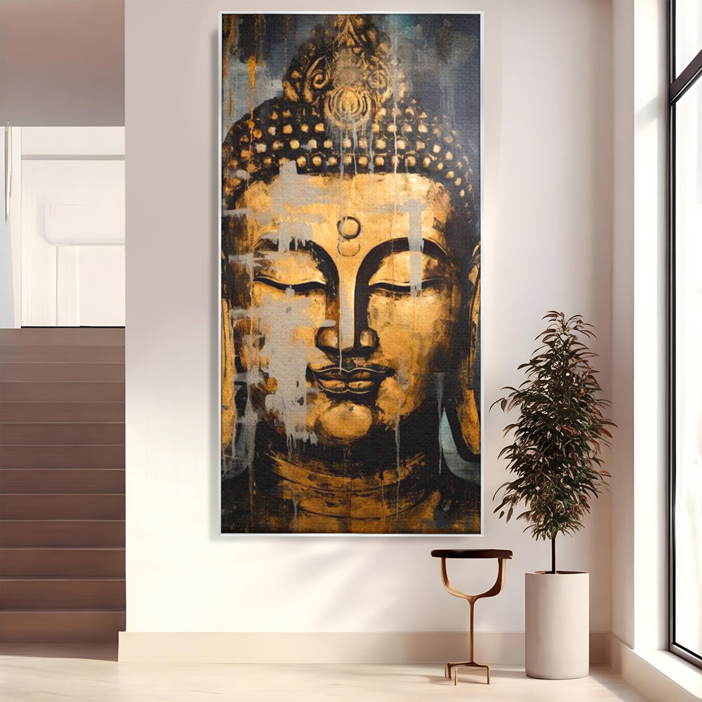 Tablou canvas cu tablou canvas cu chipul lui buddha, in rama de aluminiu argintiu