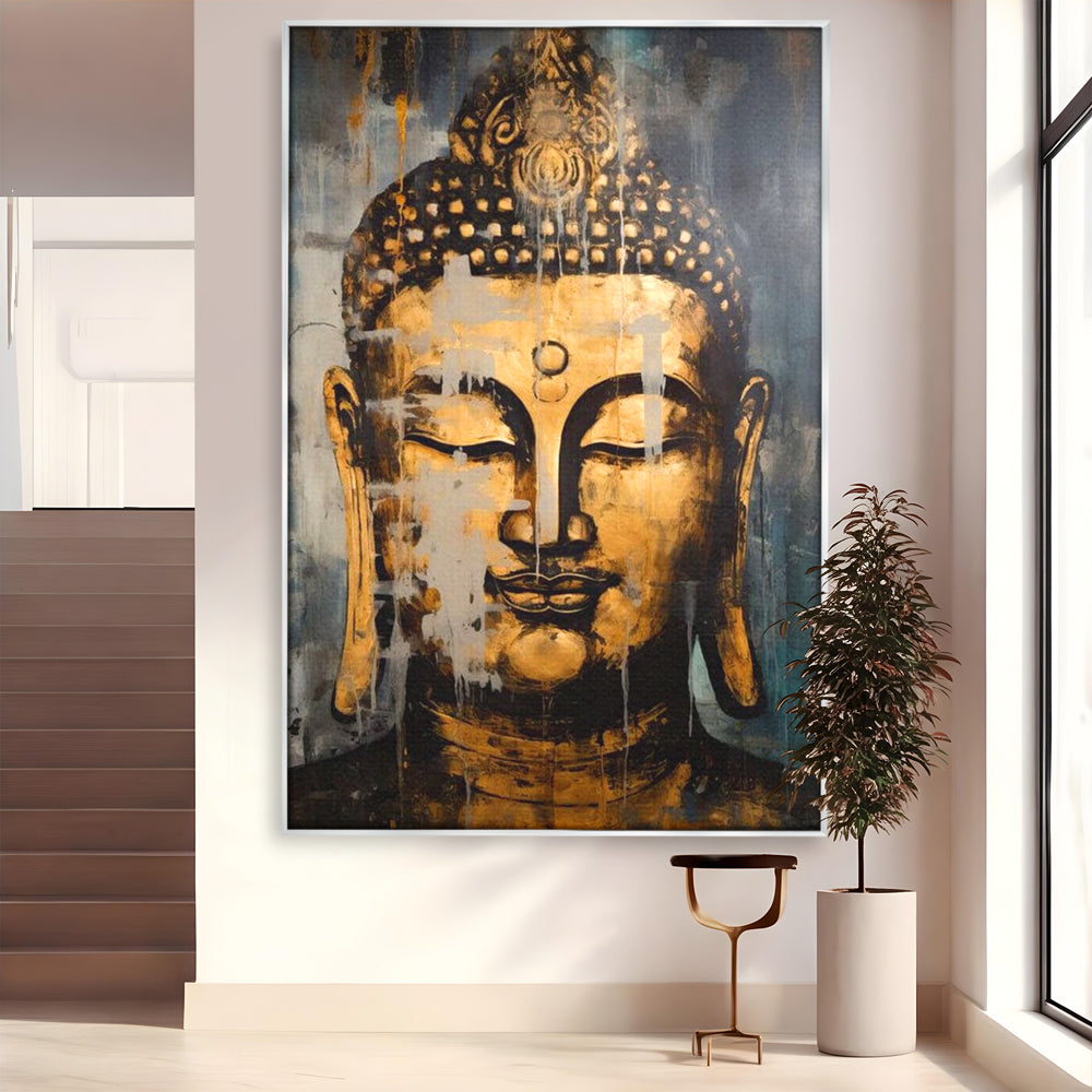 Tablou canvas cu tablou canvas cu chipul lui buddha, in rama de aluminiu argintiu
