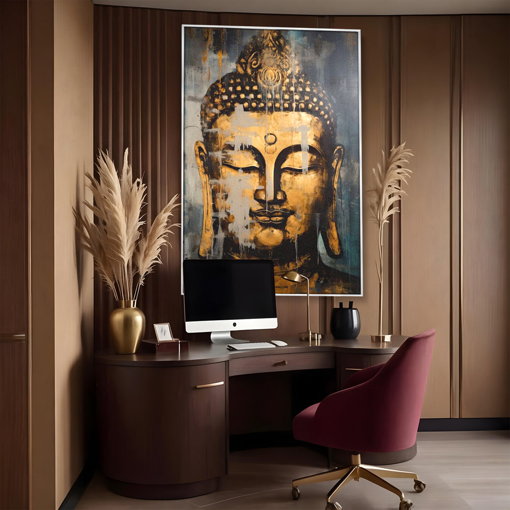 Tablou canvas cu tablou canvas cu chipul lui buddha, in rama de aluminiu argintiu, pe perete intr-un birou
