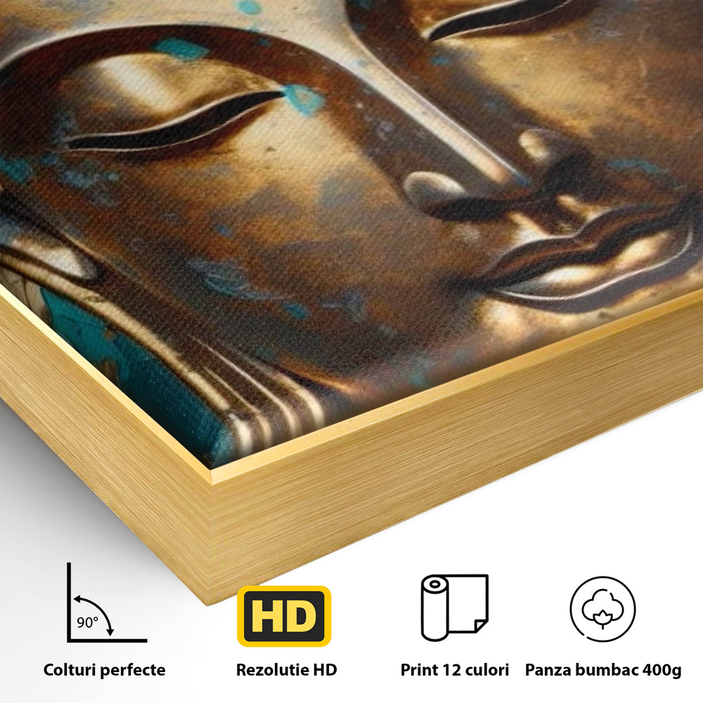 Detaliu al suprafetei: tablou canvas cu capul lui buddha aurit, in rama de aluminiu auriu