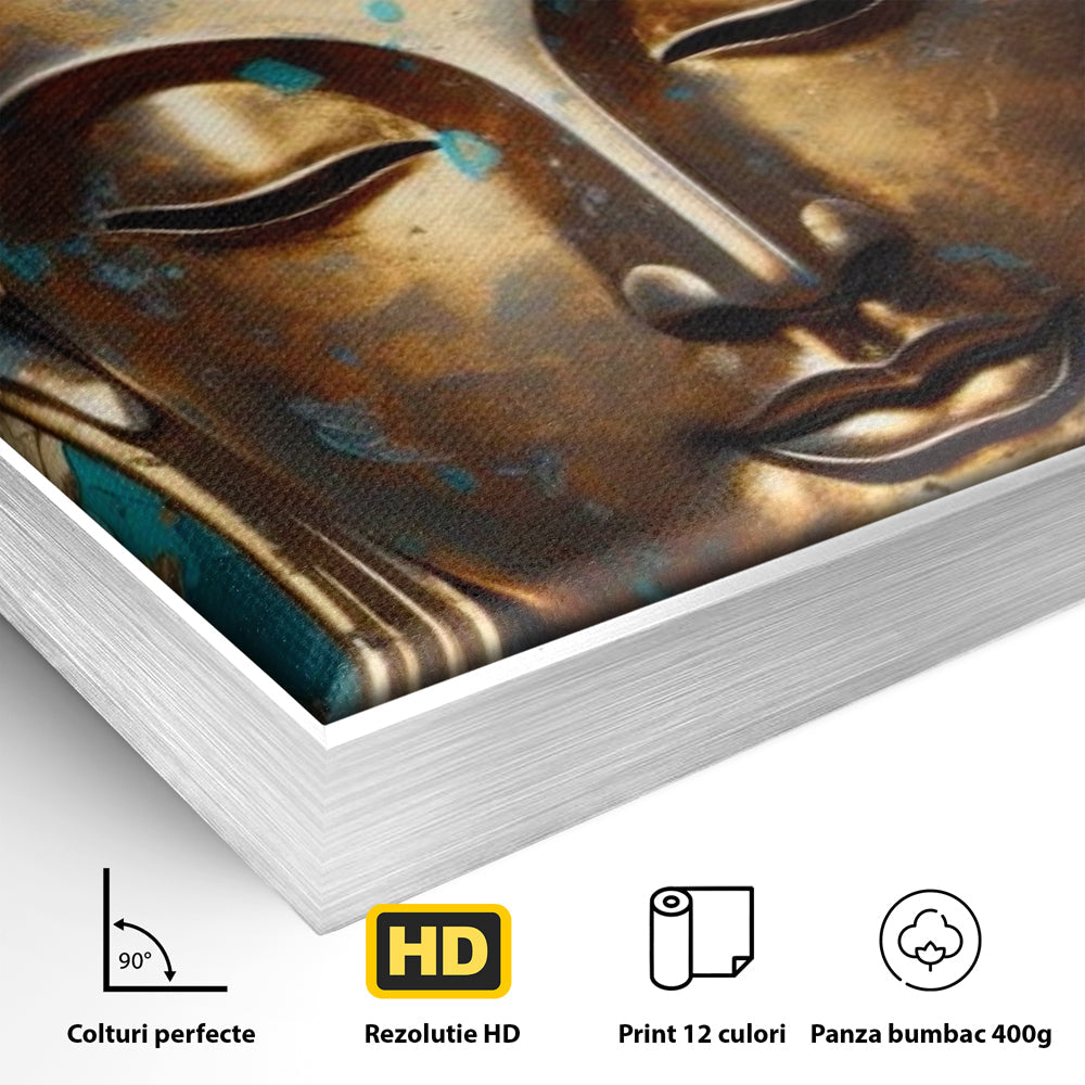Detaliu al suprafetei: tablou canvas cu capul lui buddha aurit, in rama de aluminiu argintiu