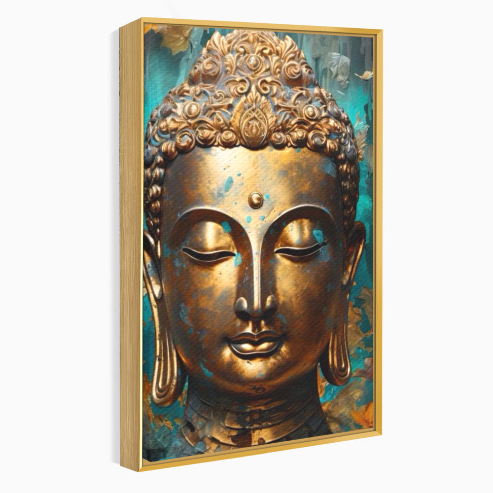 Tablou canvas cu tablou canvas cu capul lui buddha aurit, in rama de aluminiu auriu