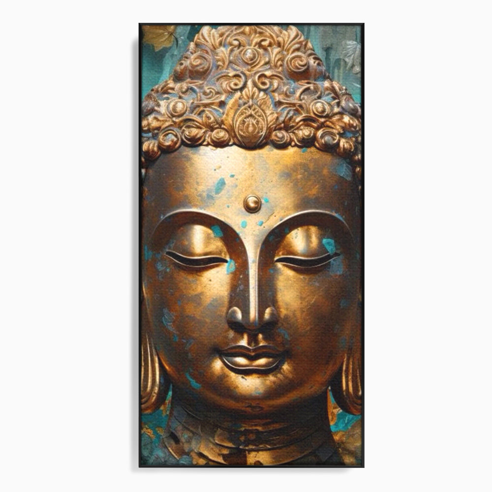 Tablou canvas cu tablou canvas cu capul lui buddha aurit, in rama de aluminiu negru