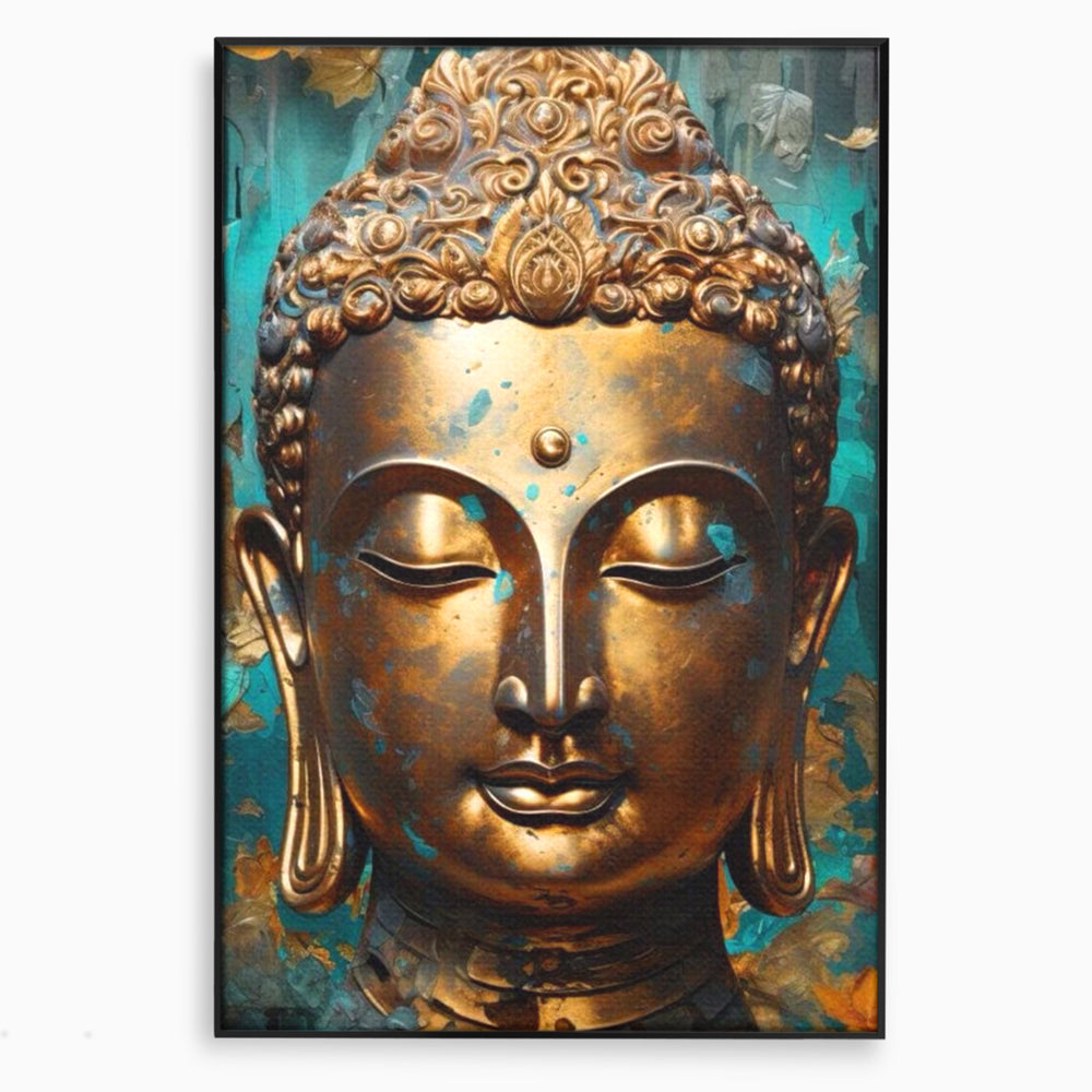 Tablou canvas cu tablou canvas cu capul lui buddha aurit, in rama de aluminiu negru