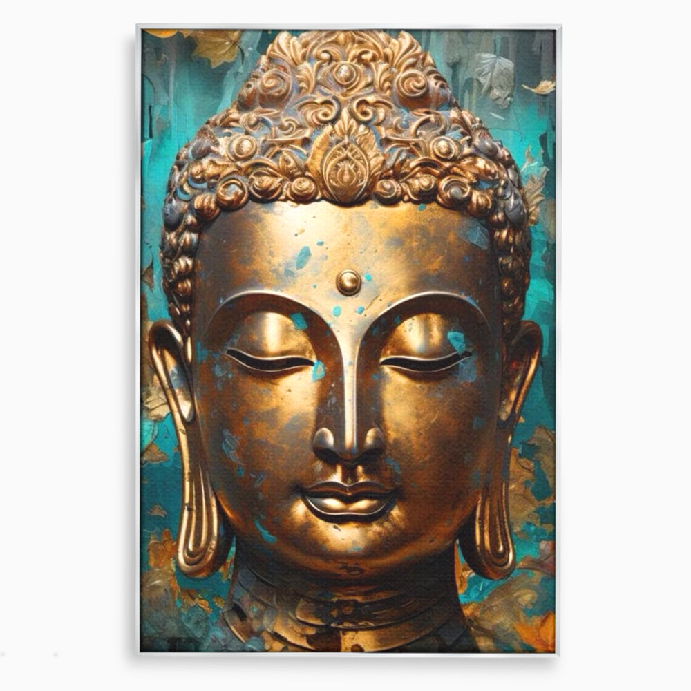 Tablou canvas cu tablou canvas cu capul lui buddha aurit, in rama de aluminiu argintiu