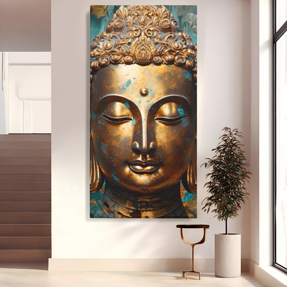 Tablou canvas cu tablou canvas cu capul lui buddha aurit, fara rama, pe sasiu de lemn