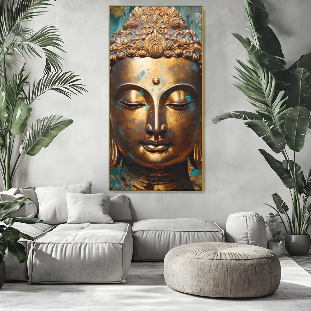 Tablou canvas cu tablou canvas cu capul lui buddha aurit, in rama de aluminiu auriu, pe perete intr-un living