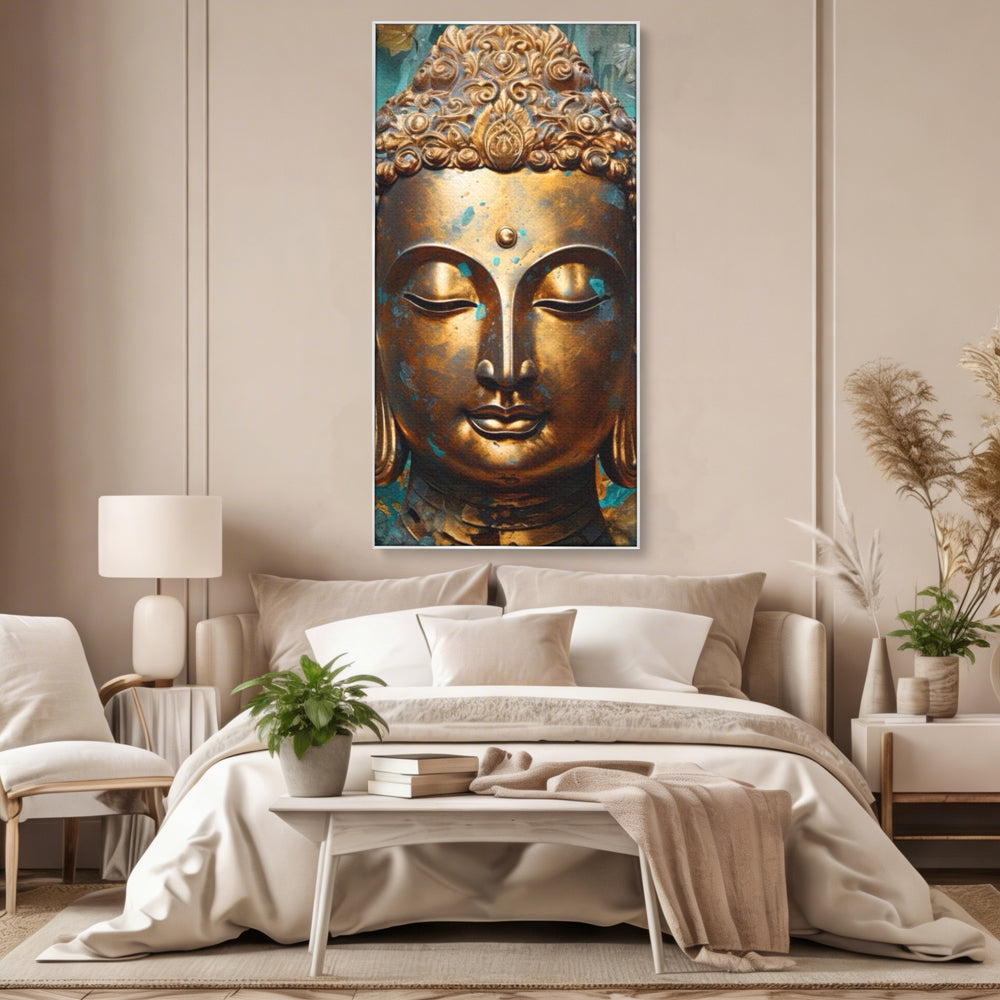 Tablou canvas cu tablou canvas cu capul lui buddha aurit, in rama de aluminiu argintiu, pe perete intr-un dormitor