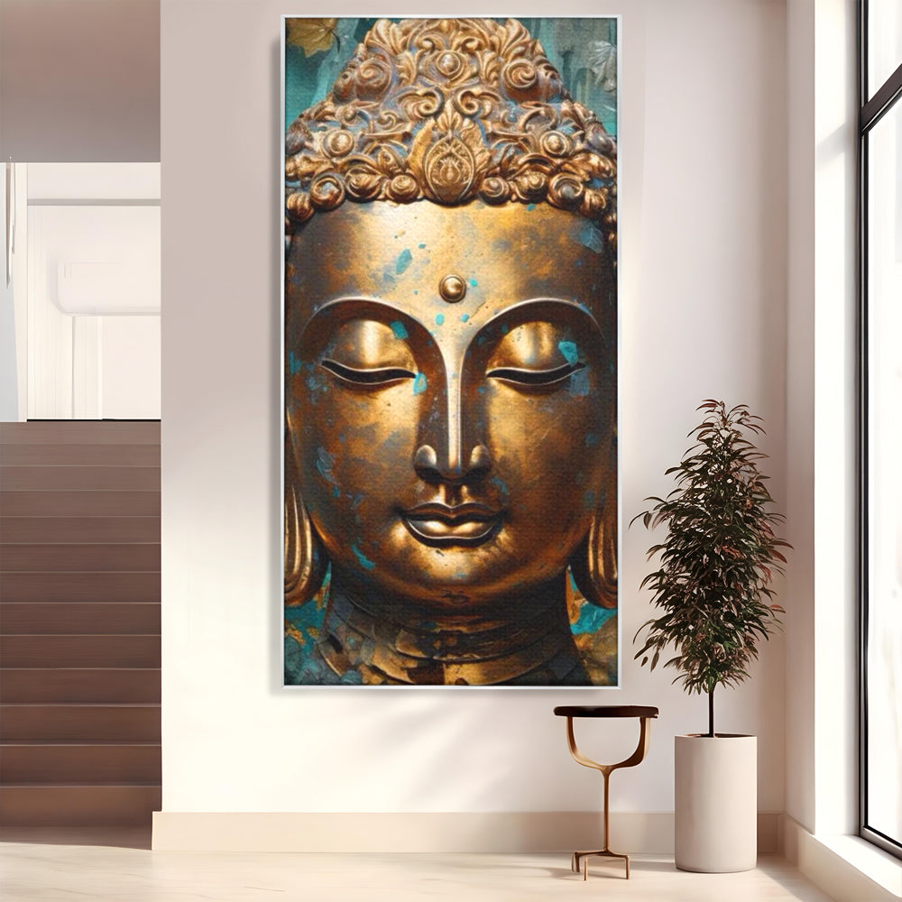 Tablou canvas cu tablou canvas cu capul lui buddha aurit, in rama de aluminiu argintiu