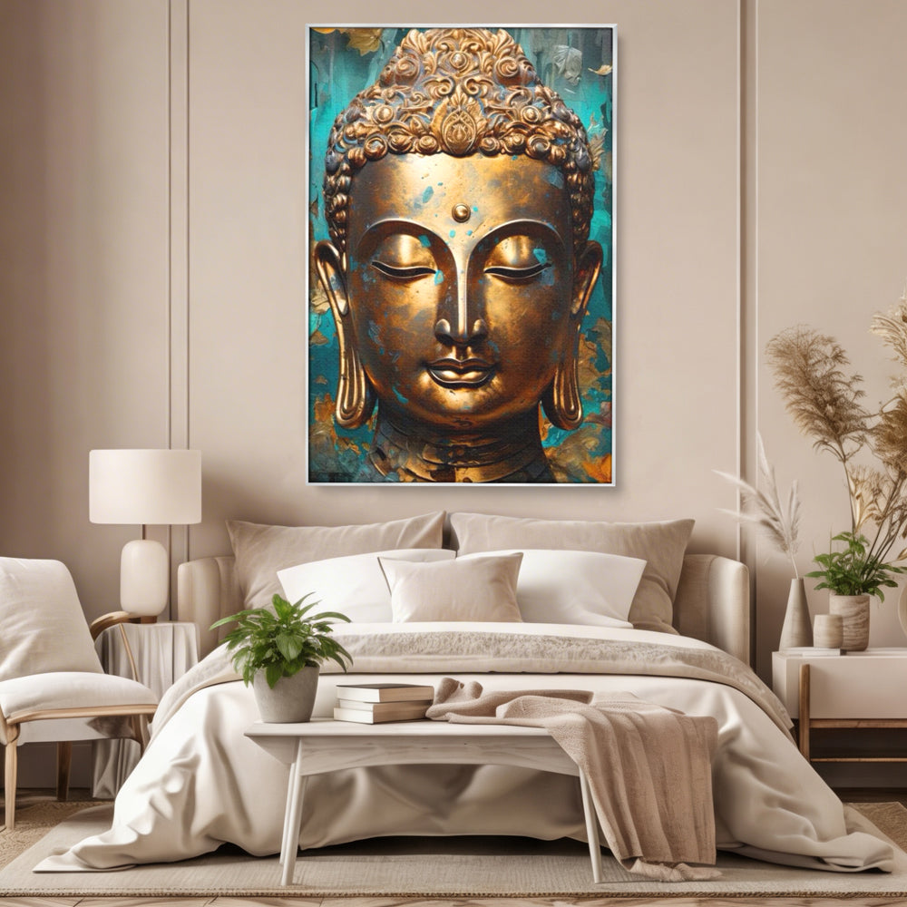 Tablou canvas cu tablou canvas cu capul lui buddha aurit, in rama de aluminiu argintiu, pe perete intr-un dormitor