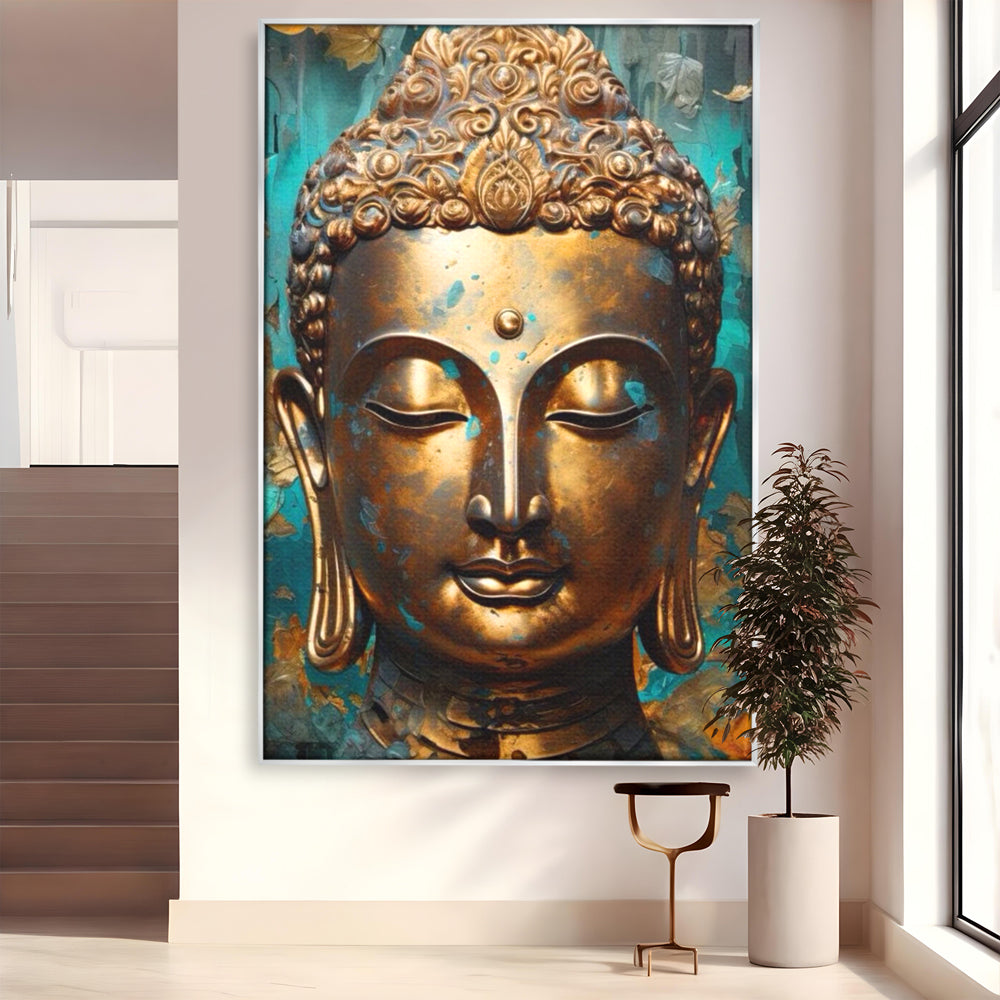 Tablou canvas cu tablou canvas cu capul lui buddha aurit, in rama de aluminiu argintiu
