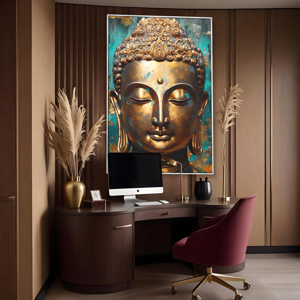 Tablou canvas cu tablou canvas cu capul lui buddha aurit, in rama de aluminiu argintiu, pe perete intr-un birou