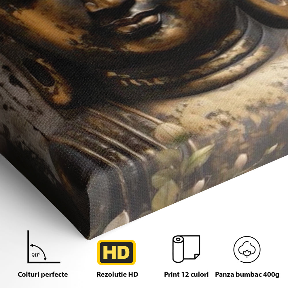 Detaliu al suprafetei: tablou canvas cu capul lui buddha, fara rama, pe sasiu de lemn