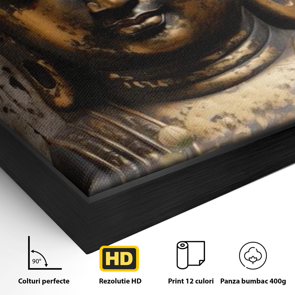 Detaliu al suprafetei: tablou canvas cu capul lui buddha, in rama de aluminiu negru