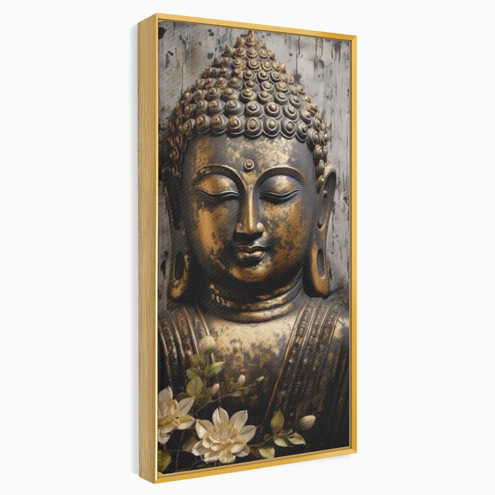 Tablou canvas cu tablou canvas cu capul lui buddha, in rama de aluminiu auriu