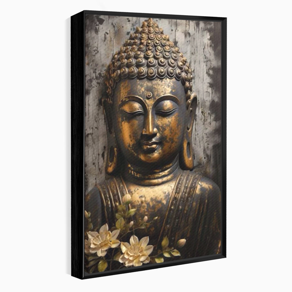 Tablou canvas cu tablou canvas cu capul lui buddha, in rama de aluminiu negru