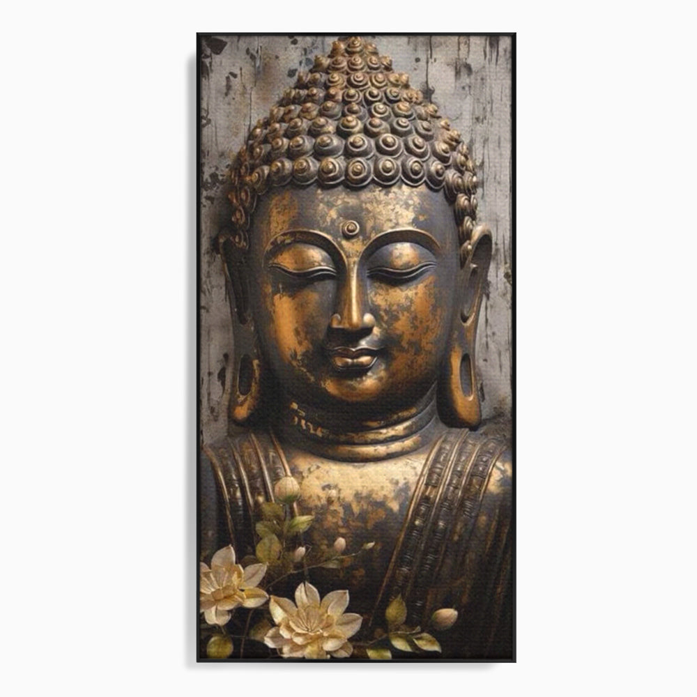 Tablou canvas cu tablou canvas cu capul lui buddha, in rama de aluminiu negru