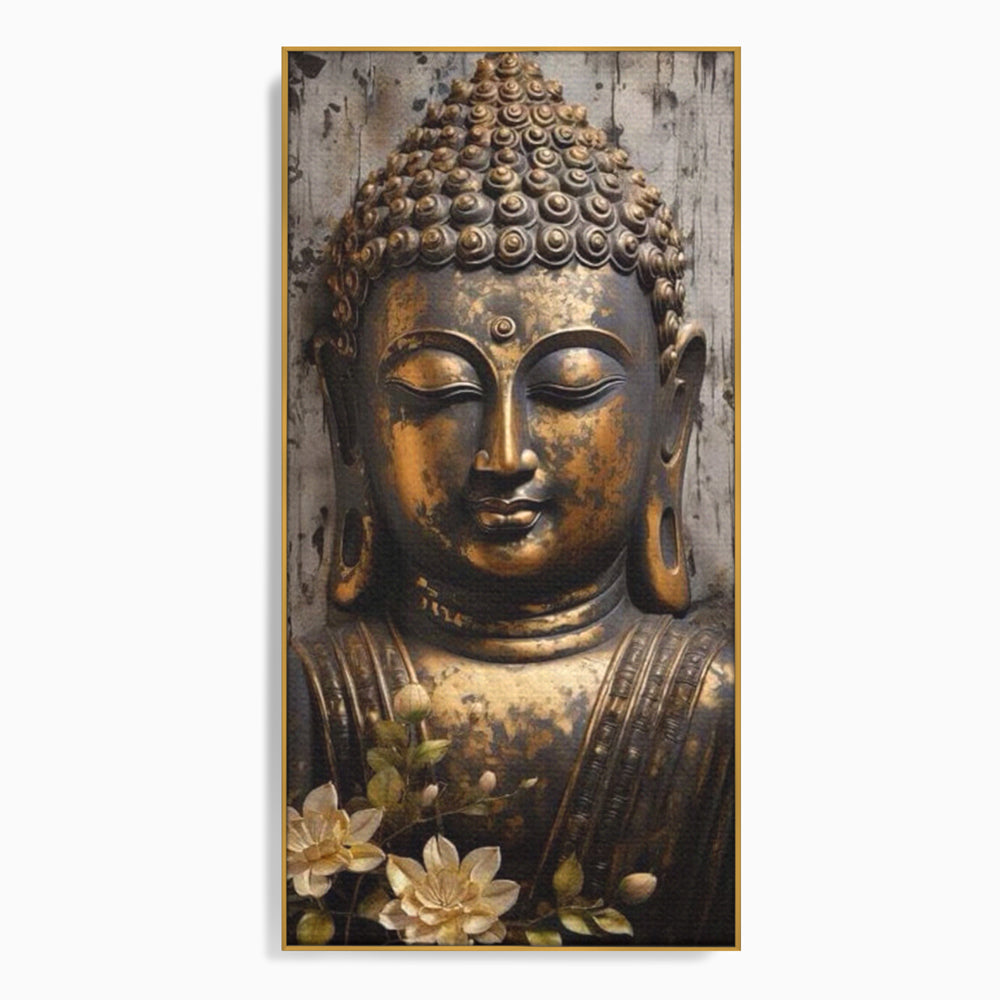 Tablou canvas cu tablou canvas cu capul lui buddha, in rama de aluminiu auriu