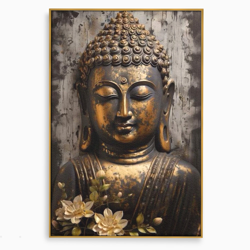 Tablou canvas cu tablou canvas cu capul lui buddha, in rama de aluminiu auriu