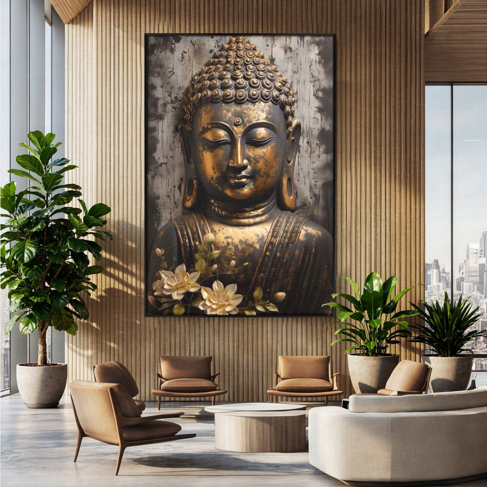 Tablou canvas cu tablou canvas cu capul lui buddha, in rama de aluminiu negru, pe perete intr-un birou