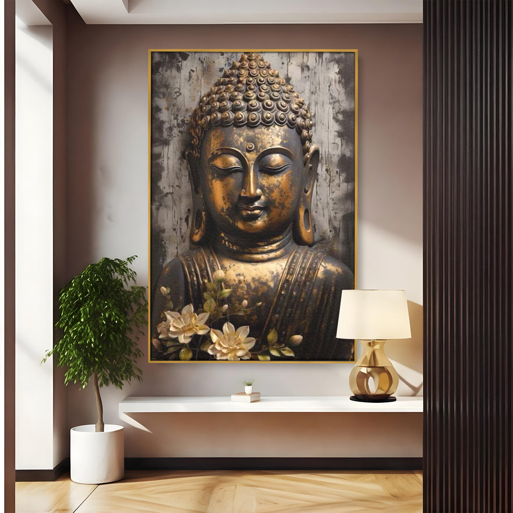 Tablou canvas cu tablou canvas cu capul lui buddha, in rama de aluminiu auriu