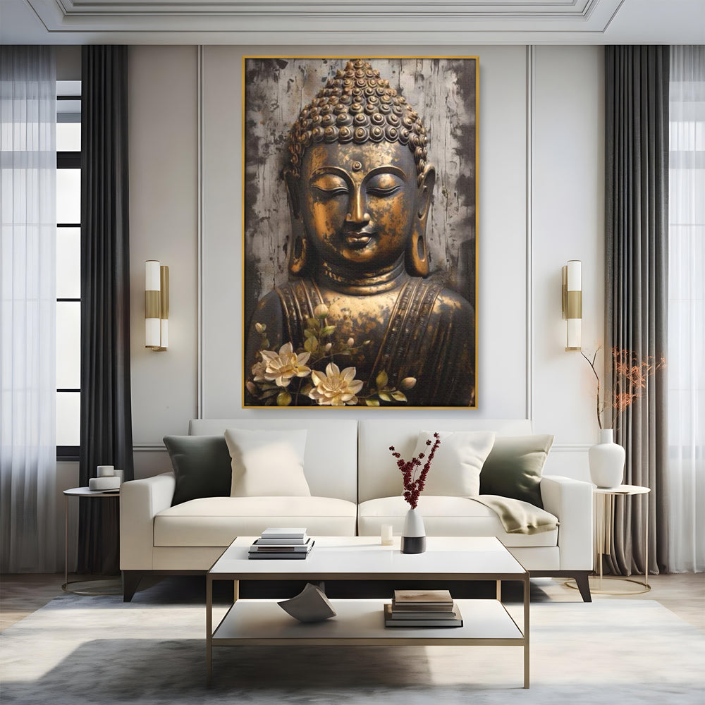 Tablou canvas cu tablou canvas cu capul lui buddha, in rama de aluminiu auriu, pe perete intr-un living