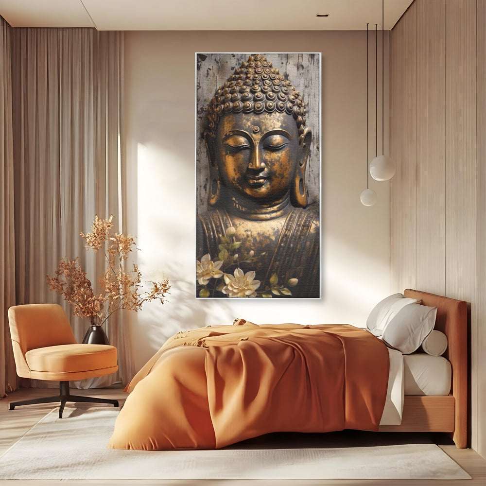 Tablou canvas cu tablou canvas cu capul lui buddha, in rama de aluminiu argintiu, pe perete intr-un dormitor