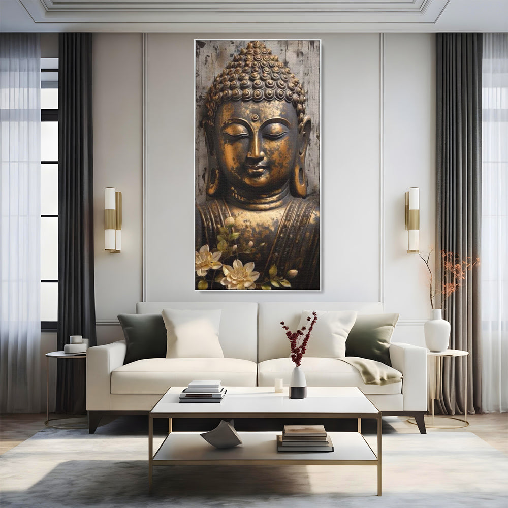 Tablou canvas cu tablou canvas cu capul lui buddha, in rama de aluminiu argintiu, pe perete intr-un living