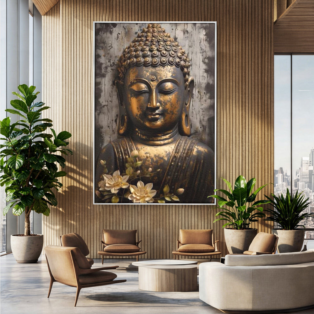 Tablou canvas cu tablou canvas cu capul lui buddha, in rama de aluminiu argintiu, pe perete intr-un birou