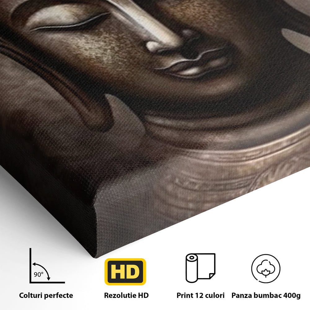 Detaliu al suprafetei: tablou canvas cu portret buddha, fara rama, pe sasiu de lemn