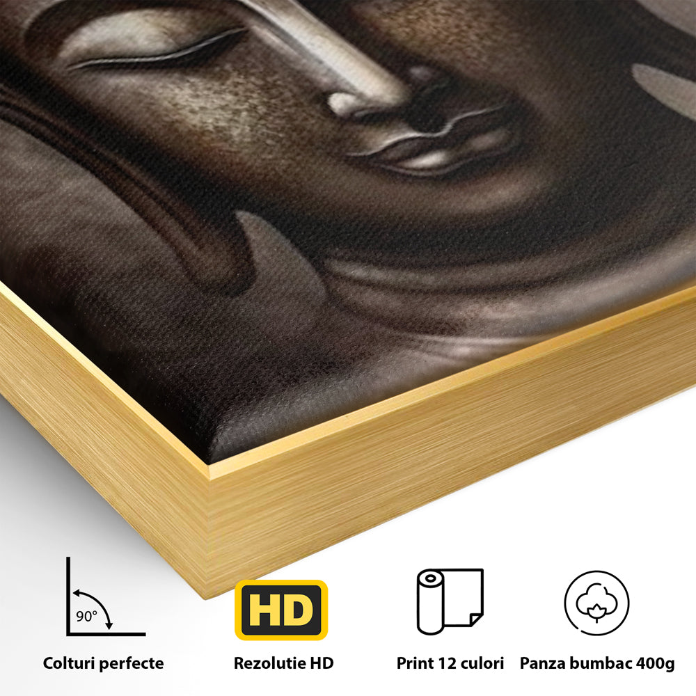 Detaliu al suprafetei: tablou canvas cu portret buddha, in rama de aluminiu auriu
