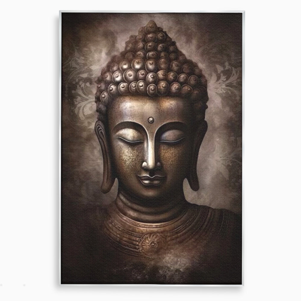 Tablou canvas cu tablou canvas cu portret buddha, in rama de aluminiu argintiu