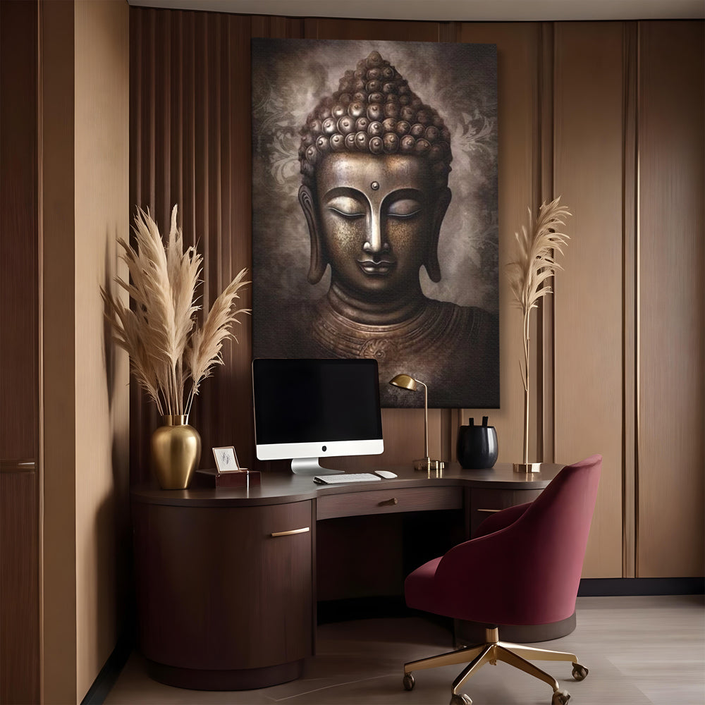 Tablou canvas cu tablou canvas cu portret buddha, fara rama, pe sasiu de lemn, pe perete intr-un birou