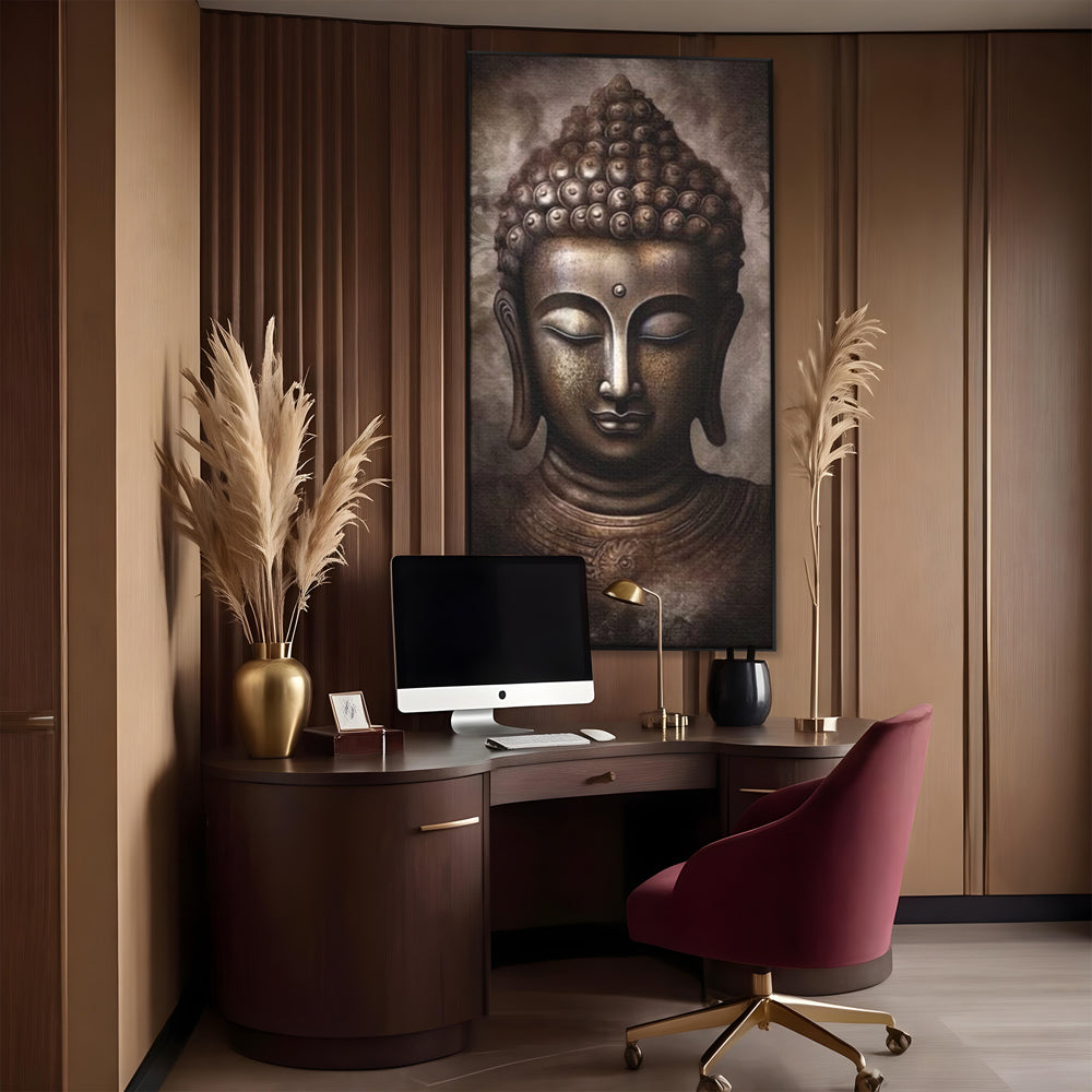 Tablou canvas cu tablou canvas cu portret buddha, in rama de aluminiu negru, pe perete intr-un birou
