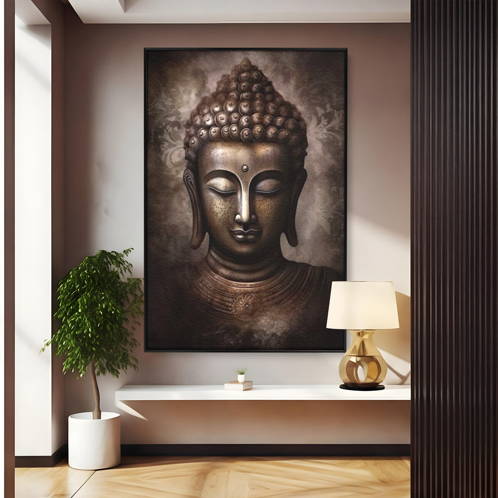 Tablou canvas cu tablou canvas cu portret buddha, in rama de aluminiu negru