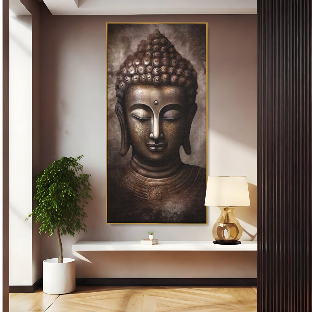 Tablou canvas cu tablou canvas cu portret buddha, in rama de aluminiu auriu