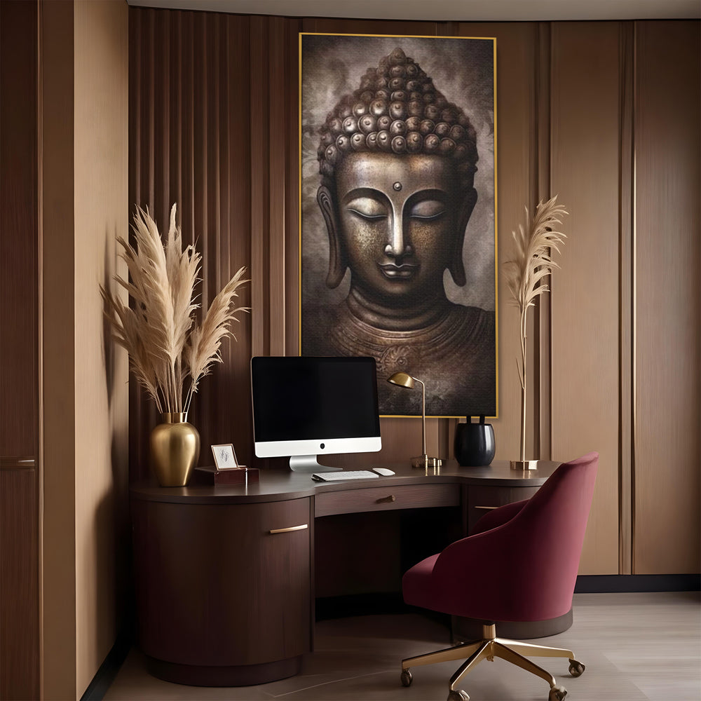 Tablou canvas cu tablou canvas cu portret buddha, in rama de aluminiu auriu, pe perete intr-un birou