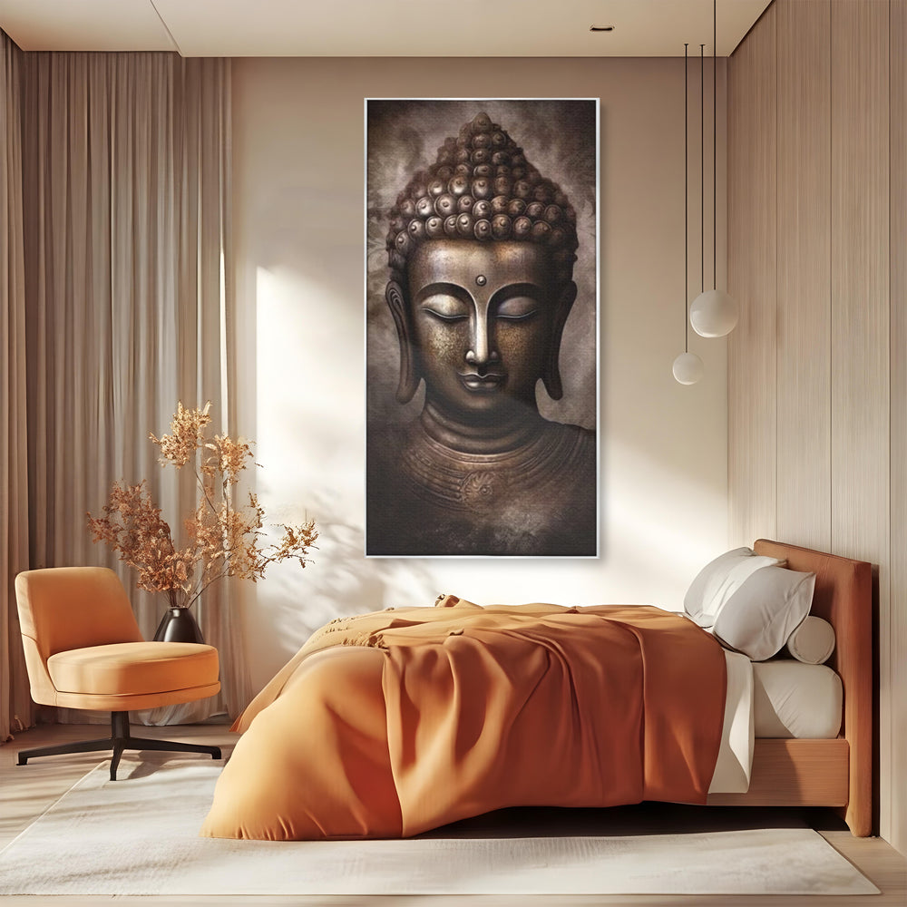 Tablou canvas cu tablou canvas cu portret buddha, in rama de aluminiu argintiu, pe perete intr-un dormitor